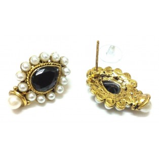 Gold Oxidized Women Earring Stud Jewelry PushBack Classy Gift - Rhinestone Bead 40